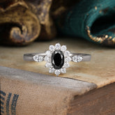 Vintage Halo Cluster Oval Cut Black Onyx Engagement Ring